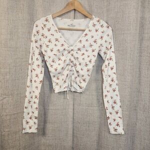 Hollister Long Sleeve Baby Tee Woman's S White Floral Rouched Tie Front Cropped